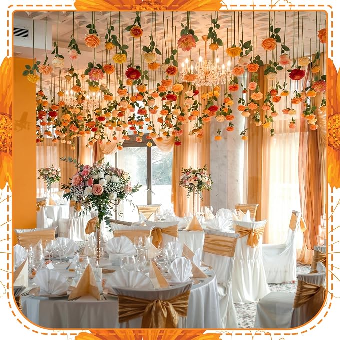 Lyrow 60 Pack Burnt Orange Rose Artificial Flower Hanging Flowers Ornament Floating Garland Ceiling Rose Vine for Wedding Anniversary Engagement Marriage Proposal Floral Birthday Party Fall Decor