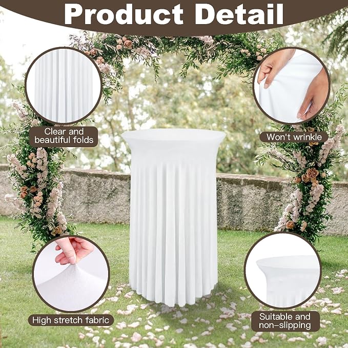 WJWHQ 5 Pack Round Spandex Cocktail Tablecloths with Skirt - Stretch Table Covers for High Top Bar, Wedding, Party, Banquet (White, 32 x 43 Inch)