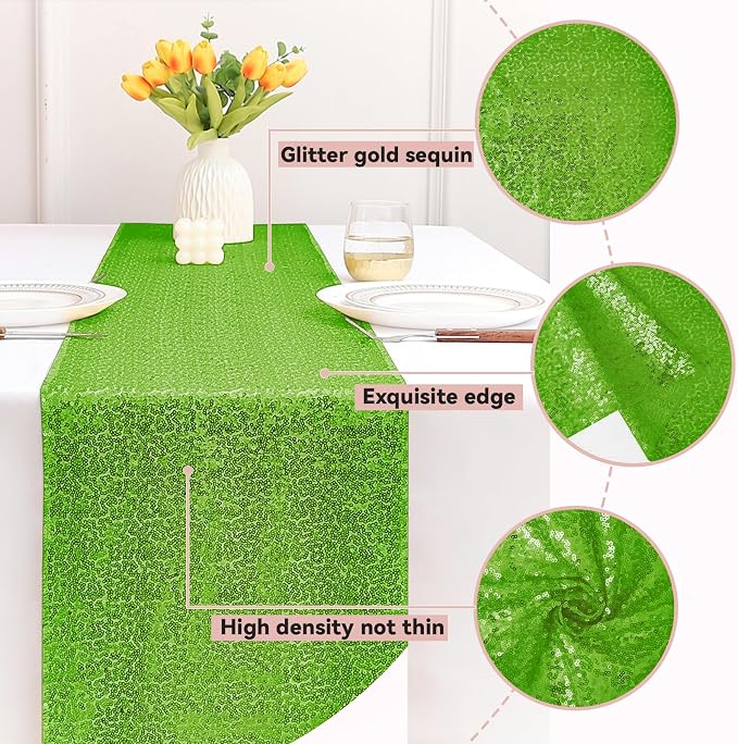Sugargirl 10 Packs 12 x 72 inches Sequin Table Runner, Glitter Apple Green Table Runner for Birthday Party Supplies Wedding Holiday Celebration Event Decorations