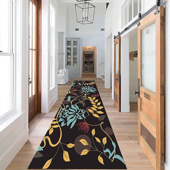 Floral Runner Rug, 2x6ft, Bohemian Vintage Plant Hallway Rug, Colorful Leaves Flowers Design With Non-Slip Rubber Backing, Washable Non-Shedding Long Runner Rug for Living Room Bedroom Kitchen