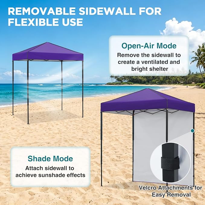 EAGLE PEAK 6x4 Instant Pop Up Canopy Tent with 1 Side Wall Panel, Straight Leg Sun Shelter, Portable Canopy with Carry Bag for Camping, Beach & Sports, Purple