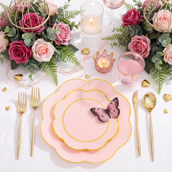ejonirinjonir EI 180pcs Pink Plastic Plates with Gold Plastic Silverware,Heavy-Duty Disposable Plates for Party,White Dinnerware Set for 30 Guest Wedding,Birthday,Valentine's Day