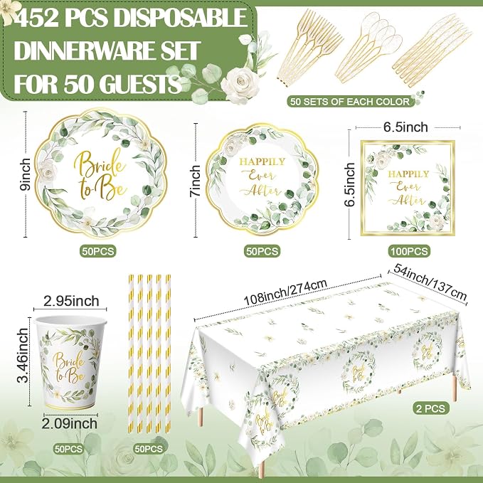 Funnymoom 452 Pcs Sage Green Bridal Shower Decorations for 50, Bride to Be Bridal Shower Paper Plates Napkins Cups Tablecloth Cutlery Straws for Eucalyptus Leaves Wedding Party Supplies