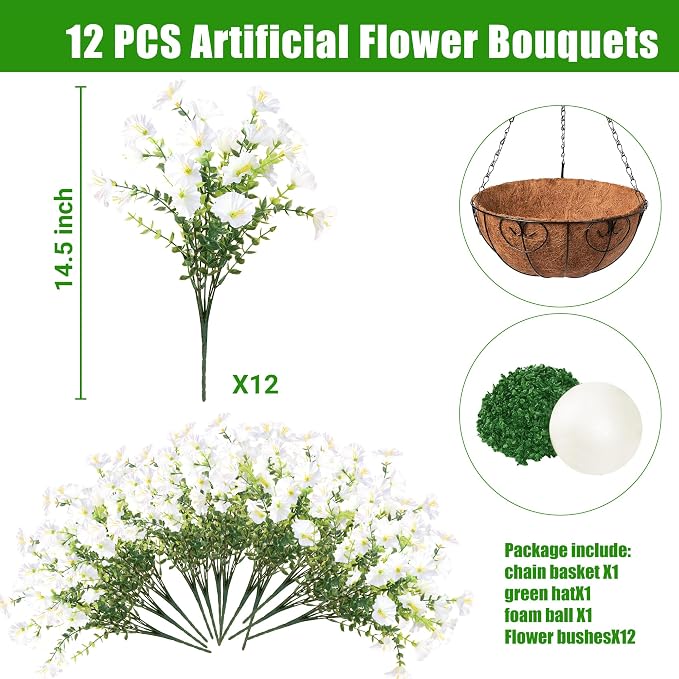 Sggvecsy Artificial Flowers for Outdoors with Baskets Hanging Plant Faux Flowers UV Resistant Fake Silk Morning Glory with Eucalyptus for Planter Porch Garden Home Spring Summer Decoration(White)