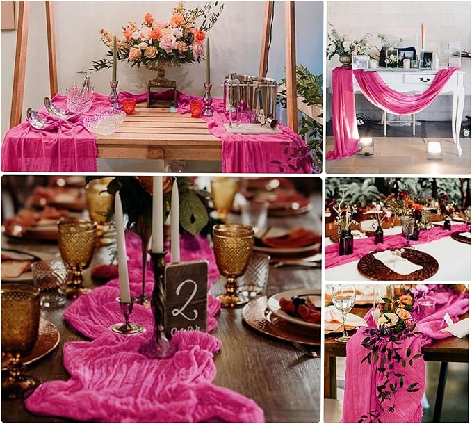15 Pack Cheesecloth Table Runner 10Ft Gauze Cheese Cloth Table Runner 35 x120 Inch Boho Table Runners Holiday Table Cloth for Wedding Birthday Party Baby Bridal Shower Reception Table Décor(Hot Pink)