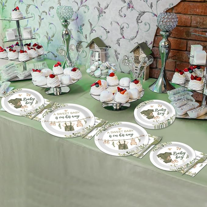200Pcs Greenery Baby Shower Plates and Napkins Decoration Sage Green Party Tableware Dinnerware Set A Sweet Baby Is On His Way Paper Plates for Baby Gender Reveal Party Supplies Serves 50