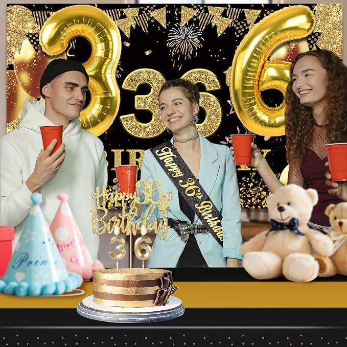 36th Birthday Decorations Men Women with 36th Birthday Banner, Black and Gold Table Cloth, Number Balloons, Large Sash, Cake Topper and Candles