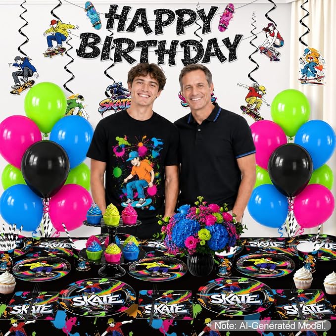 215Pcs Skateboard Birthday Party Decorations, All-in-One Party Supplies Includes Banner, Cake Cupcake Topper, Balloons, Plates and Napkins, Easy Setup Skate Party, Serves 25