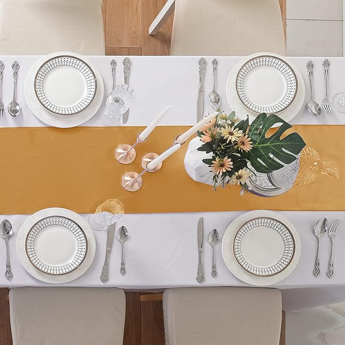 12Pack Table Runner 12 x 108 Inches Satin Silk Table Runner for Wedding, Birthday Party, Banquets, Graduations Decoration, fit Rectange and Round Table-Gold