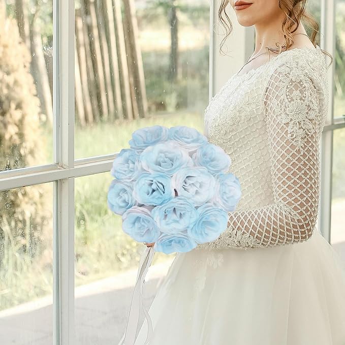 30PCS Light Blue Artificial Roses Fake Glitter Flowers Silk Roses with Stems for Wedding Bouquet Party Christmas Home Decor(Gradient Sky Blue)