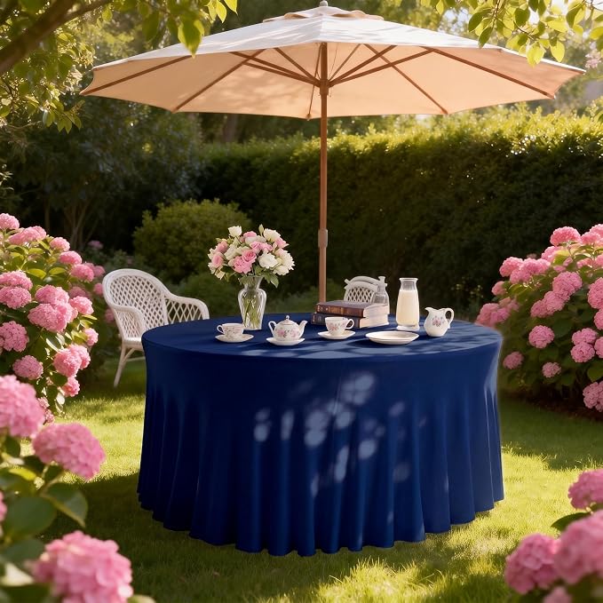10 Pack Navy Blue Round Spandex Tablecloths for 60in Tables, 120 Inch Stretch Fitted Table Skirts, Wrinkle-Free Washable Polyester Covers for Wedding, Banquet & Party