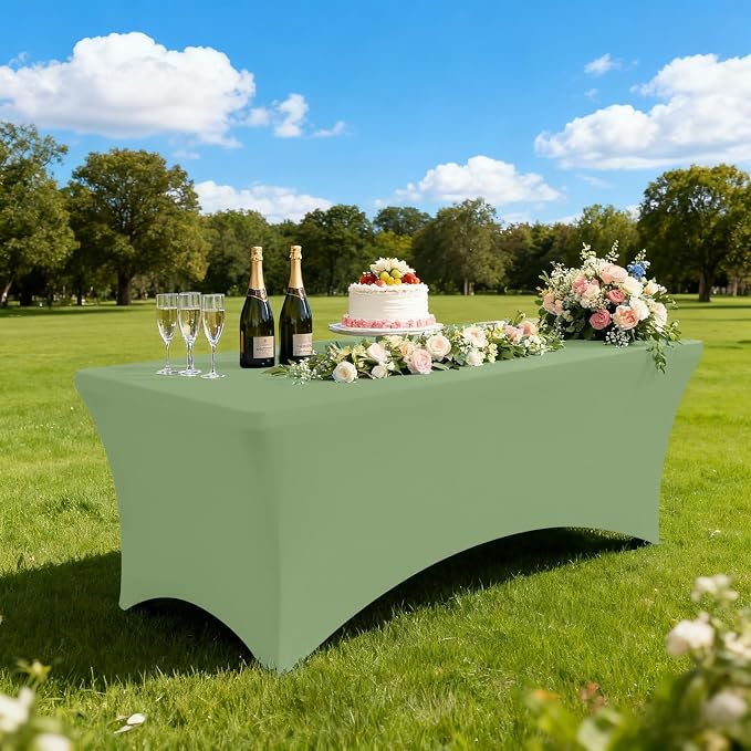 Moosfor Spandex Elastic Fitted 8FT Rectangle Tablecloth 6 Pack, Stretch Washable Reusable Table Cover for Outdoor Picnic, Dining, Wedding, Banquet & Party Events (Sage Green, 96Lx30Wx30H Inch)