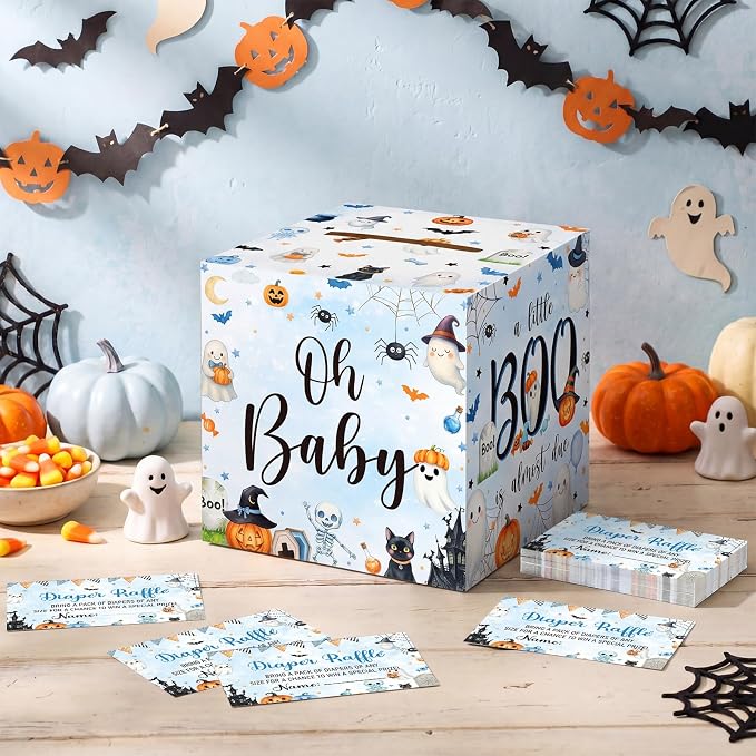 Teling 51 Pieces Diaper Raffle Tickets Box with Card Baby Shower Decorations Gender Reveal Holder Box for Girl Boy Diaper Raffle Party (A Little Boo is Almost Due)