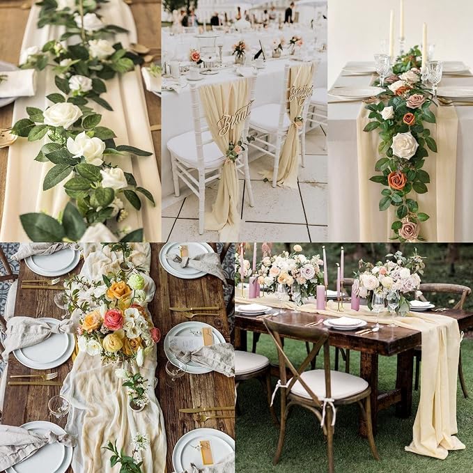 12 Packs 10Ft Chiffon Table Runner 27x120 Inches Sheer Romantic Wedding Table Runners Beige Table Runner for Wedding Birthday Party Bridal Baby Shower Table Decoration