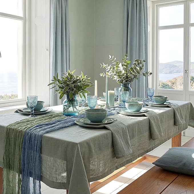 8 Pcs Sage Green and Dusty Blue Cheesecloth Table Runner Boho Gauze Cheese Cloth Runner 118" Rustic Table Decor for Wedding Bridal Baby Shower Anniversary Birthday Party Home Arbor Decorations