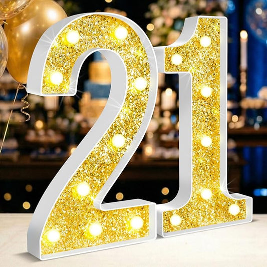 12.6 Inch LED Gold Marquee Light Up Numbers, 21st Birthday Decorations Number Lights as Gifts for Women Men, Glitter Lighted Marquee Numbers for Golden Anniversary Party Table Decor, 21