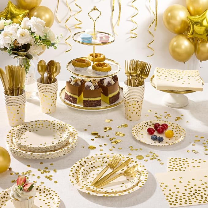 Goodlluck 175PCS Ivory Gold Foil Polka Dot Disposable Party Tableware Set, 25 Guests | 9" & 7" Golden Dot Disposable Paper Plates, 9oz Cups, Napkins & Gold Cutlery for Birthday, Wedding & Baby Shower