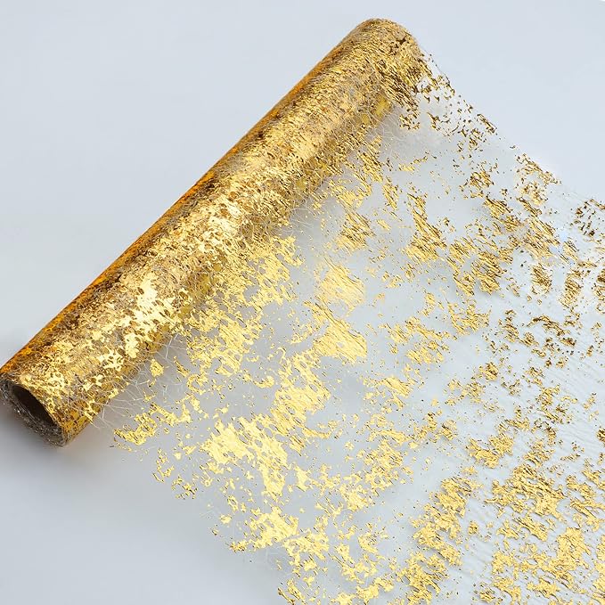 Snowkingdom Glitter Gold Table Runner Roll 11 Inch x 20 Feet Thin Mesh Sparkly Metallic Elegant Centerpieces Table Decorations for Wedding Bridal Shower Christmas Birthday Holiday Party Mothers Day