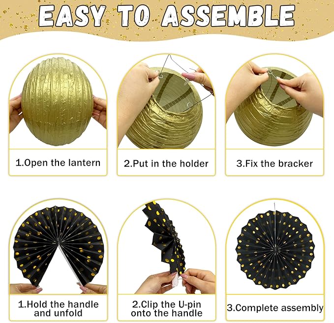Black and Gold Party Decorations - 14Pcs Hanging Paper Lanterns Fans for Prom Decorations 2026, Graduation Party, Great Gatsby Theme, Men Women 40th 50th 60th Birthday Party Supplies