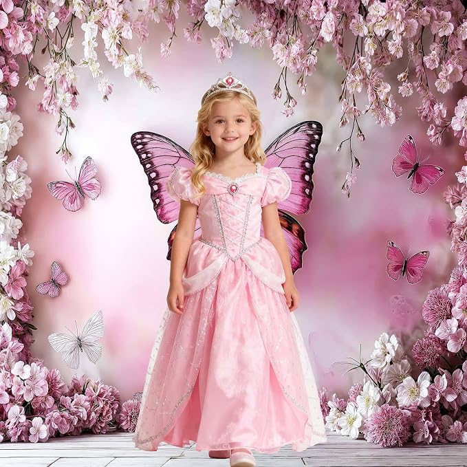 8X6ft Flower Butterfly Wall Backdrop Pink Floral Princess Girl Birthday Party Photography Background Photo Backdrop Art Wedding Banner Photo Studio Props
