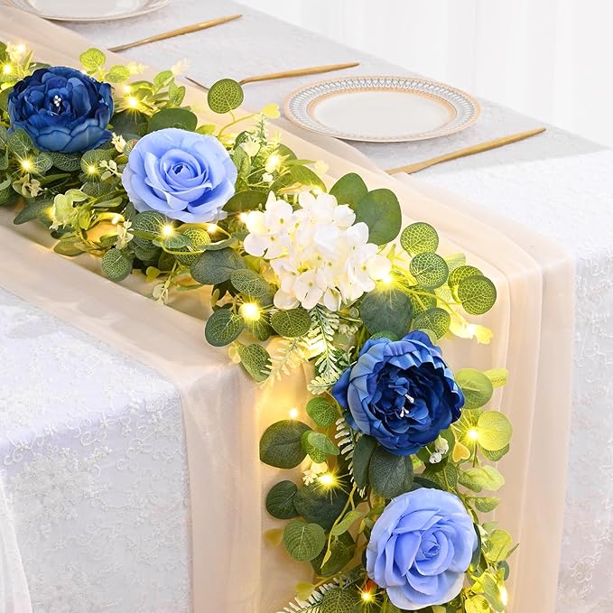 Livole 6 FT Artificial Flower Garland with Light Real Touch Fake Blue Floral Rose Peony Garland with Eucalyptus Flower Hanging Vine for Wedding Table Centerpieces Backdrop Party Arch Home Decor