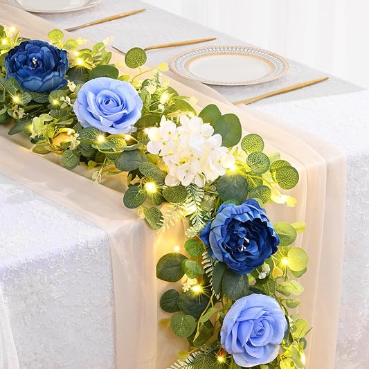 Livole 6 FT Artificial Flower Garland with Light Real Touch Fake Blue Floral Rose Peony Garland with Eucalyptus Flower Hanging Vine for Wedding Table Centerpieces Backdrop Party Arch Home Decor