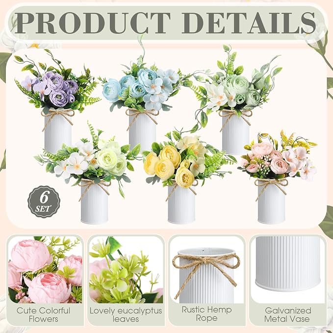 Wavwavw 6 Pcs Wedding Table Centerpieces Artificial Flowers with Vase Pastel Fake Camellias Floral Bouquet Purple Pink Blue Yellow Flowers Arrangement Summer Table Decorations for Home Party Decor