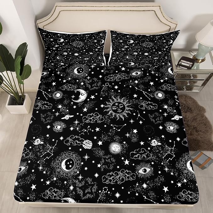 Castle Fairy Sun and Moon Bed Sheet Set Twin Size,Starry Galaxy Boho Hippie Constellation,Bedding Decor Set with 1 Flat & 1 Fitted Sheet with 1 Pillow Sham