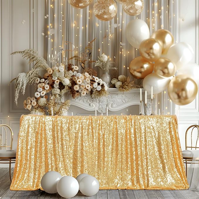 Poise3EHome Gold Sequin Tablecloth 60×102 Inch Rectangle Sparkly Fabric Table Cloth for Birthday Wedding Party Holiday Baby Shower Christmas Decoration