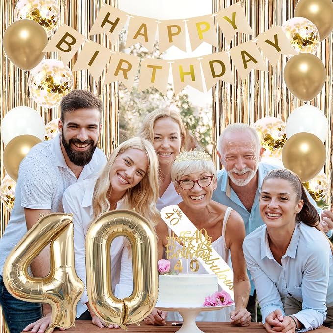Trgowaul 40th Birthday Decorations for Women, Banner, Sash and Crown, Cake Topper, 40 Number Balloon, Fringe Curtains, Champagne Gold 40th Birthday Party Supplies