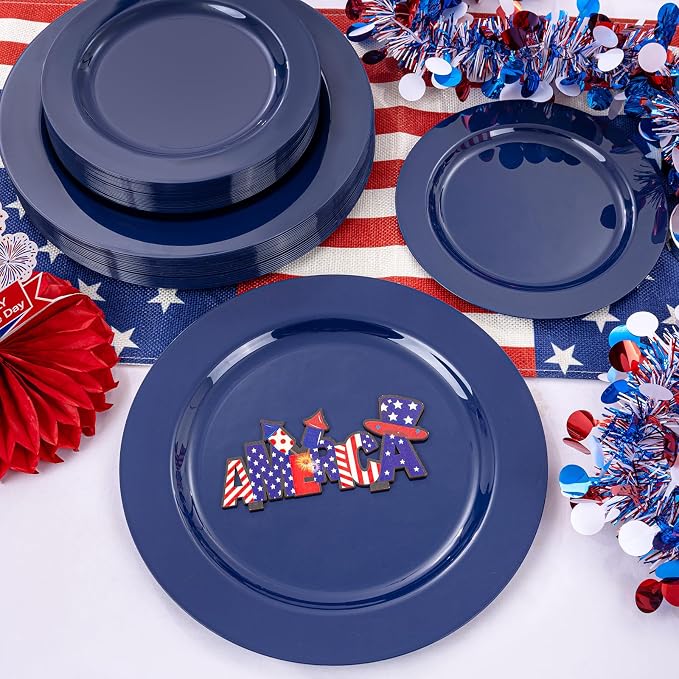 FLOWERCAT 60PCS Blue Plastic Plates - Heavy Duty Blue Plates Disposable (10.25" & 7.5") - serve for 30guest Birthday Party/Wedding/4th of July