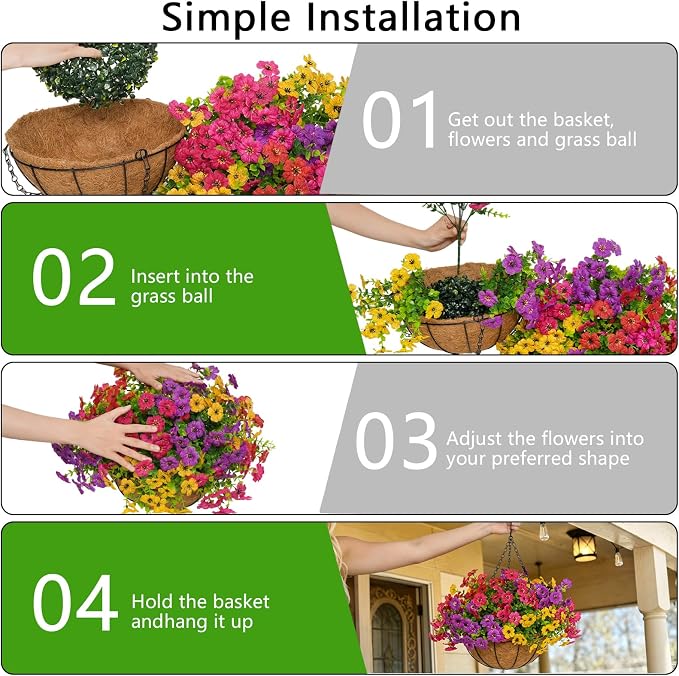 2 Set Artificial Outdoor Flowers with Hanging Basket for Garden Porch Patio Balcony Yard Home Decoration