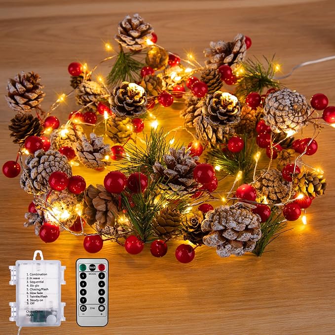 Minetom Christmas Pine Lighted Garland Decor, 9.8 Ft 60 LED with 8 Modes | Red Berry Pine Cone Battery Operated Christmas Garland Lights, Remote Control for Mantle Fireplace Stairs Xmas Indoor Decor