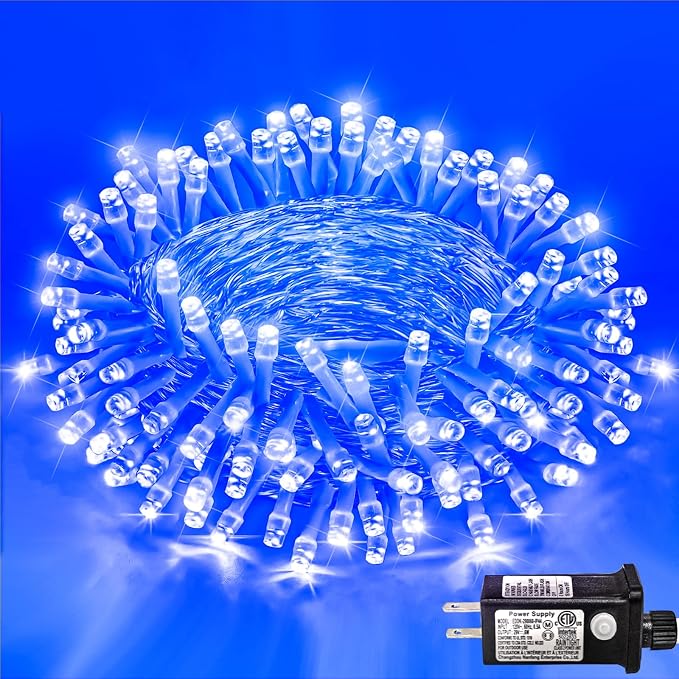 120 LED Blue String Lights Outdoor, 40 FT Clear Wire Christmas String Lights Waterproof, Plug in 8 Modes Fairy String Lights for Indoor Outside Tree Patio Party Holiday Decorations