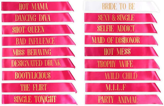 POP FIZZ DESIGNS Bachelorette Sash Set (18 pcs) 1 White Bride to Be Sash + 1 Maid of Honor Sash + 17 Bachelorette Sashes for The Bride Tribe - Amazing Bachelorette Party Favors
