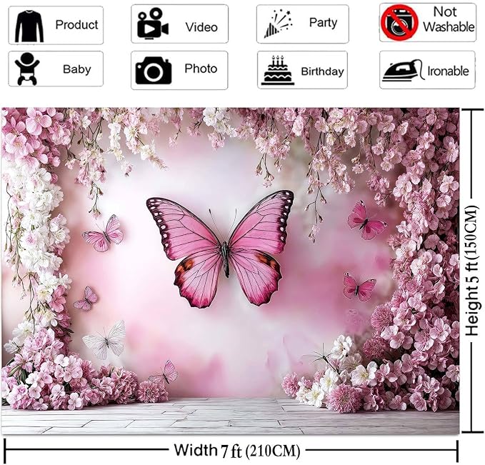 9x6ft Flower Butterfly Wall Backdrop Pink Floral Princess Girl Birthday Party Photography Background Photo Backdrop Art Wedding Banner Photo Studio Props