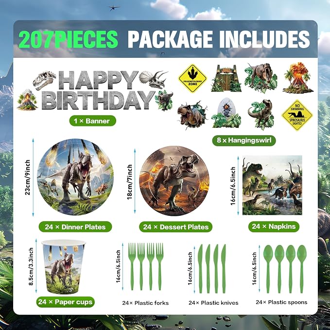 207pcs Dinosaur Party Decorations Plates Napkins Dino World Birthday Supplies Tableware Set Include Plates, Napkins, Cups, Cutlery, Balloon, Banner, Hanging Swirl, Tablecloth for Party Decor Serve 24