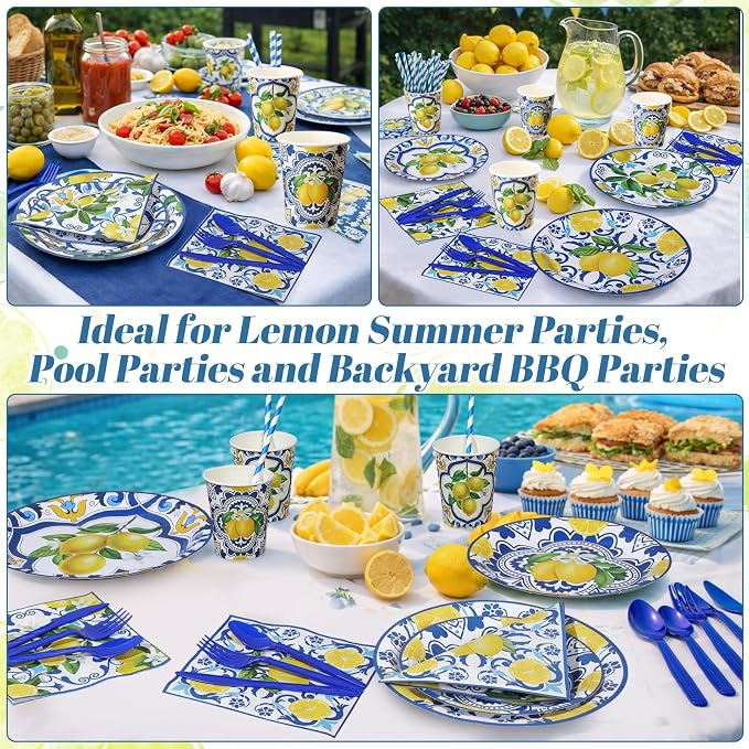 450 Pcs Capri Lemon Party Tableware Set Decorations Mediterranean Blue and Yellow Paper Plates Napkins Cups Cutlery Straws for Summer Birthday Wedding Baby Bridal Shower Supplies, Serves 50