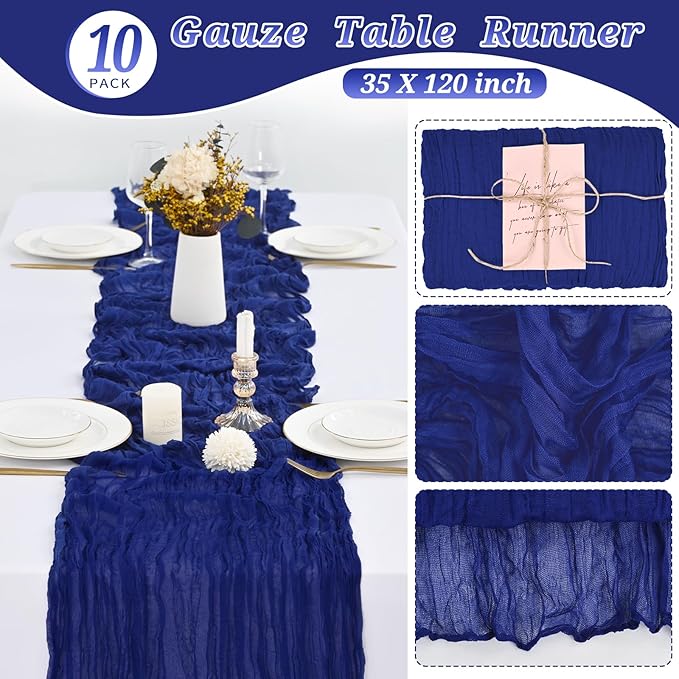 10 Pcs Royal Blue Cheesecloth Table Runner 10FT, Gauze Table Runner for Wedding Reception Sheer Bridal Shower Birthday Party Boho Table Decoration, Rustic Romantic Wedding Runner