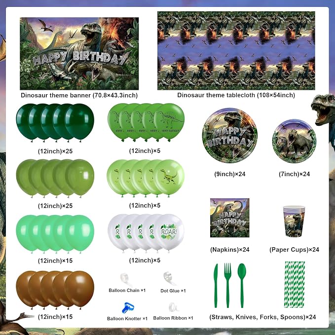 Dinosaur Birthday Decorations 280 PCS Dinosaur Birthday Backdrop Plates Napkins Tablecloth Balloons Jurassic Dino Party Supplies Serve 24