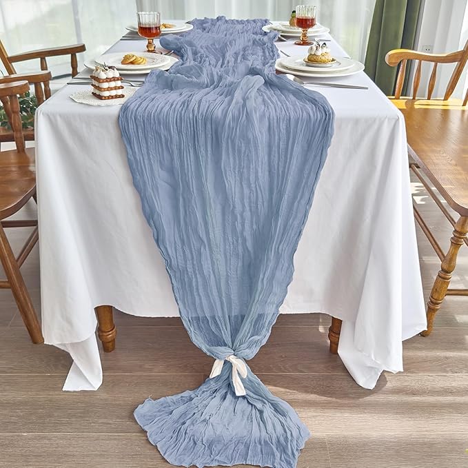 IVAPUPU 4 Pcs Cheesecloth Table Runner - 10ft Dusty Blue Spring Boho Gauze Cheese Cloth Table Runners for Baby Shower Decoration Wedding Party Garden Farmhouse
