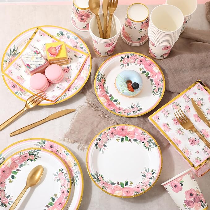 Ziliny 350 Pcs Floral Party Supplies Tableware Set Disposable 9'' 7'' Paper Plates 9 oz Cups Cutlery Napkins Dinnerware for Baby Shower Bridal Wedding 1st Birthday, Serve 50 (Floral, Rose Gold)