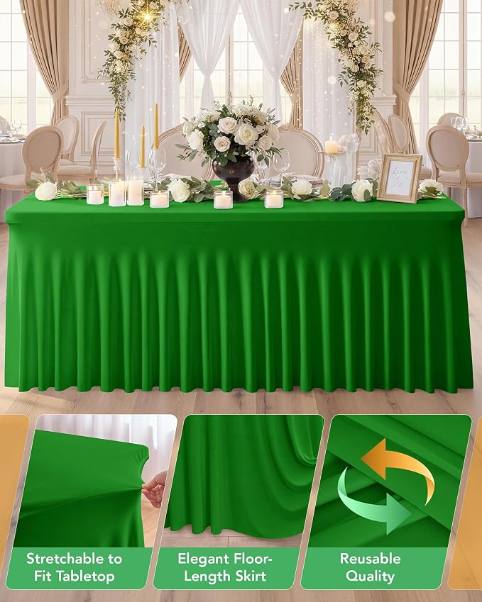 4 Pack Spandex Table Cover Skirts for 6ft Rectangle Tables, Green Stretch Table Cloths with Floor-Length Ruffle, Elastic Fitted Skirted Tablecloth for Elegant Wedding Banquet Party Buffet Decoration