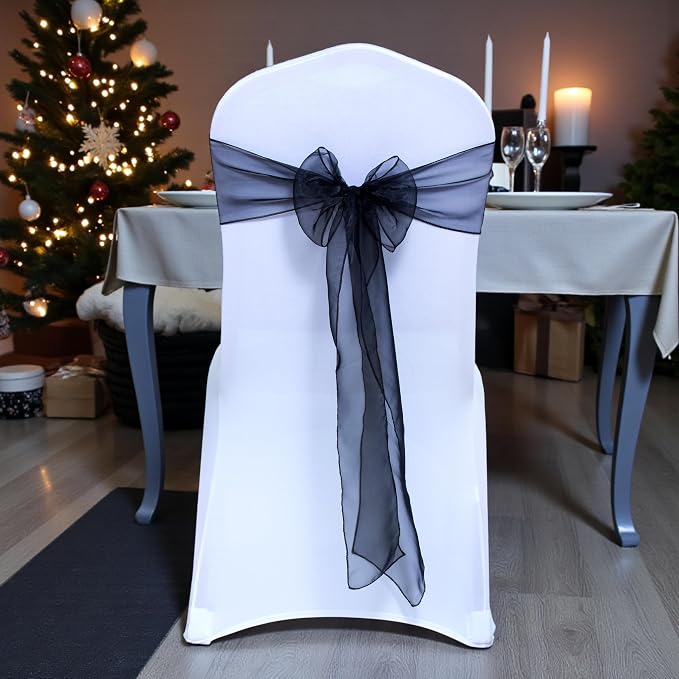 MDS® Pack of 125 Organza Chair Sashes for Wedding Decoration, Reusable Sheer Chair Bows for Banquet Chair Cover, Reception, Bridal Shower, Baby Shower, Birthday Party & Special Events - Black