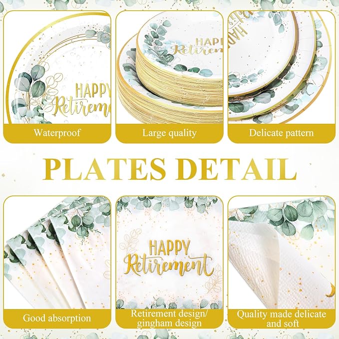 Potchen 452 Pcs Party Supplies Serve 50 Guests, Paper Plates Napkins Cups Cutlery Plastic Tablecloth Dinnerware for Birthday Wedding Party Decoration (Sage Green Gold, Retirement)