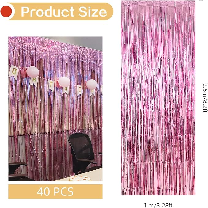 40 Pack Pink Foil Curtain Backdrop Metallic Tinsel Foil Fringe Curtains Photo Booth Props for Birthday Party Decoration Christmas Holiday Halloween New Year Party Supply, Pink