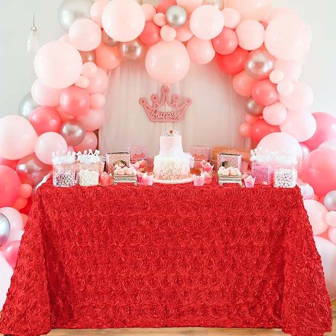 Red Rosette Tablecloth Rectangle Elegant Table Cover 90x132Inches Rosette Florals Satin Line for Wedding Party Table Decor