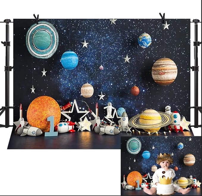 Outer Space Photography Backdrop Universe Planet Star Galaxy Astronaut Rocket Kids Birthday Party Decoration Boy Portrait Photo Background Birthday Party Cake Table Banner Vinyl,8x6ft
