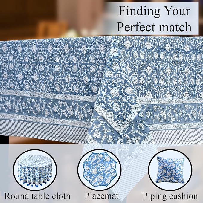 CPC Azure Regal Tablecloth 100% Cotton 72x160 Inch Indian Block Print Rectangle Table Cover, Table Cloth for Gifting in Weddings, Halloween, Fall, Christmas, Thanksgiving