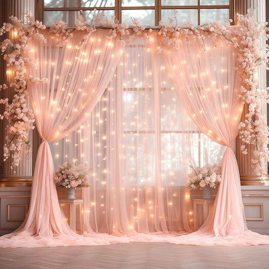 20x8ft Peach Tulle Backdrop Curtain with Lights String for Parites, Sheer Photo Backdrop Curtains with Lights for Wedding Backdrop Ceremony Reception Bridal Shower Baby Shower Birthday Party
